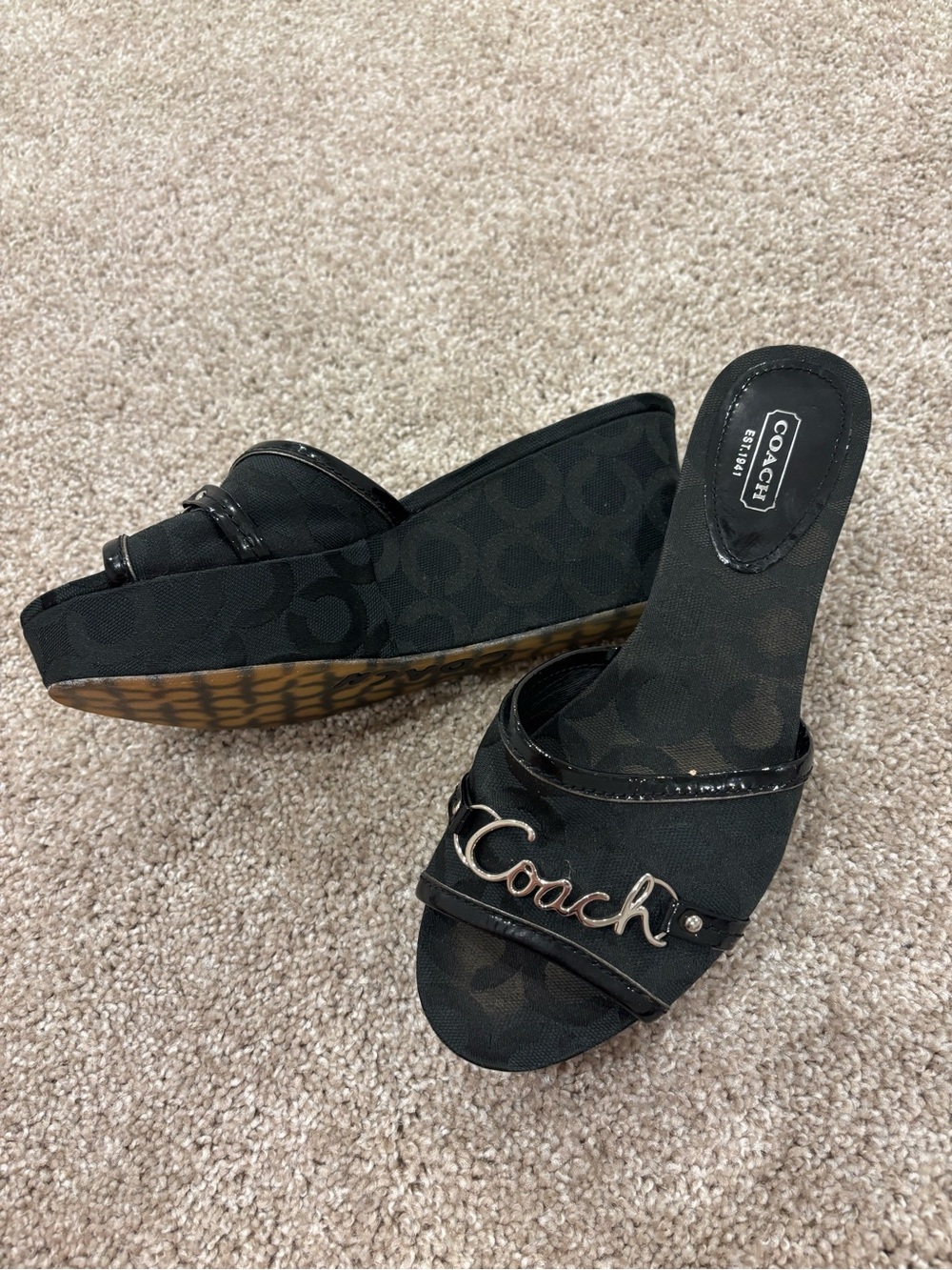Coach Black Logo Platform Wedge Slide Sandals